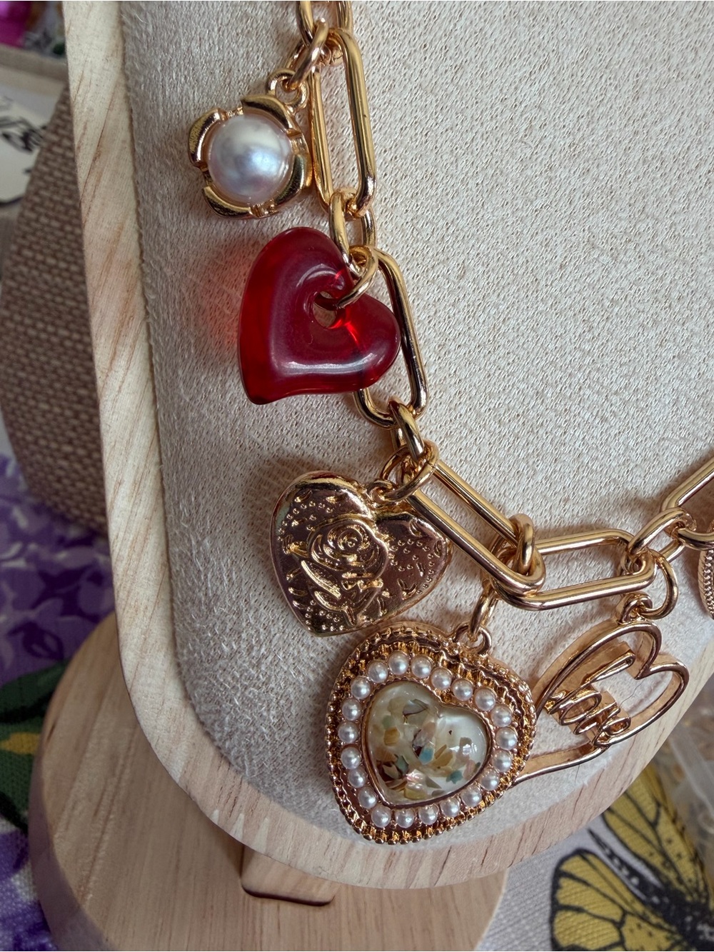 Boutique Gold-Tone Multi Heart Charm Necklace with Red Accents - Picture 3 of 6